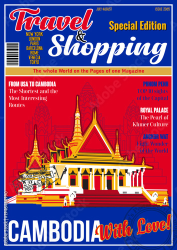 Travel and Shopping Magazine Fake Cover. Cambodia with Love. Phnom Penh Attraction Royal Palace Illustration. Khmer Temple Ruins, Vector Template for Touristic Illustrations, Posters, Covers