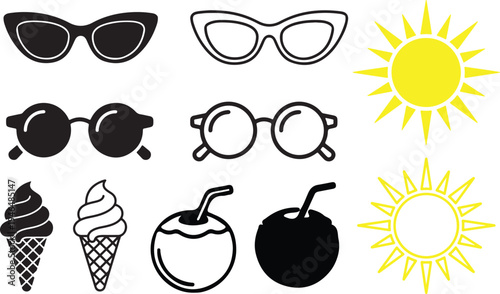 A collection of sunglasses ice cream cones and fruit illustrations on a sunny background