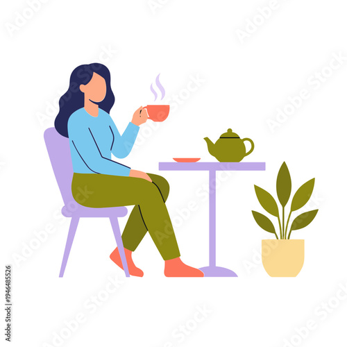 Woman sits on chair drinking tea at table with teapot and plant nearby indoors
