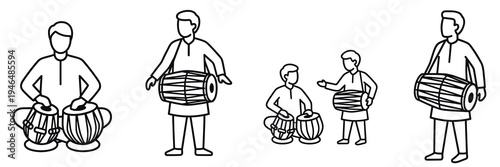 Collection of Indian folk musicians in various playing positions with tabla and dholak, clean outline vector illustration set.