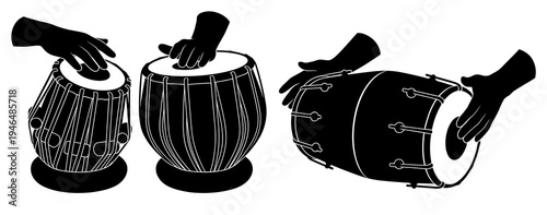 Close up hands playing traditional indian percussion instruments tabla and dholak vector illustration black and white silhouette for musical event poster or cultural rhythm design.
