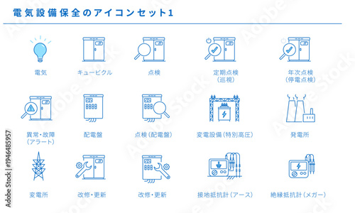 電気設備保全の点検アイコンセット1 キュービクル 配電盤 変電設備 発電所 接地抵抗計 絶縁抵抗計