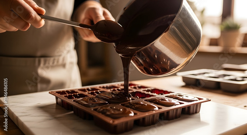 Close up of a person pouring smooth liquid chocolate from a metal pot into a silicone tray to make homemade candies