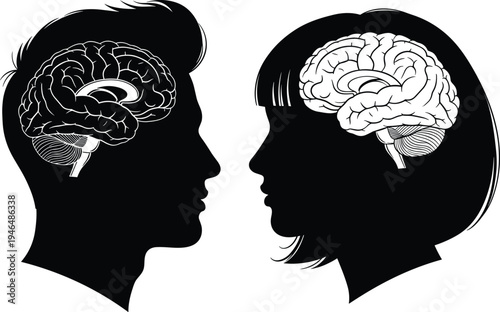 Human male and female brain anatomy silhouette profile illustration showing cognitive thinking psychology neuroscience concept isolated vector design for education