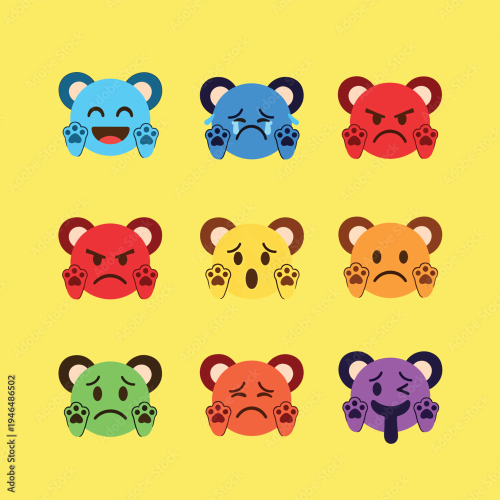 Fototapeta premium Set of Cute Emoji Bear Icons on Yellow Background