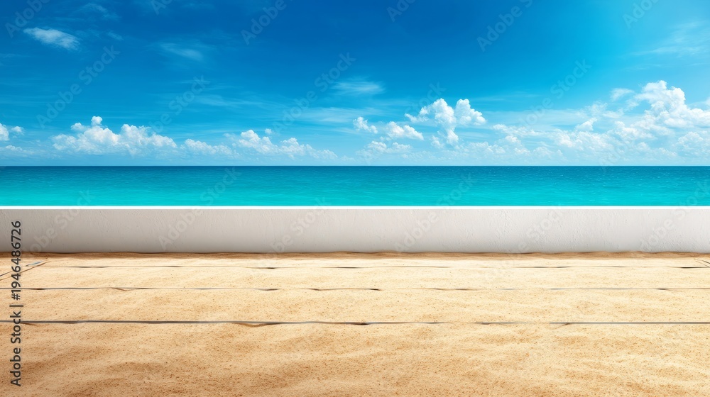 Fototapeta premium Serene Beach Volleyball Court With Sand and Ocean View Under Clear Sky