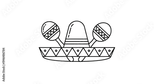 Traditional Mexican sombrero and maracas icon beautifully symbolizes festive culture, music, and vibrant celebration, perfect for diverse holiday designs.