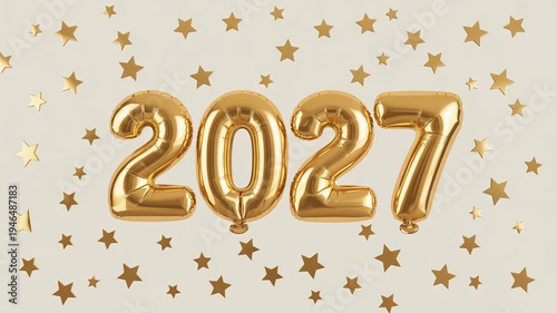 Luxury Shiny Gold Foil Number Balloons for 2027 New Year Celebration with Sparkling Star Confetti on Soft Neutral Background Perfect for Greeting Cards Party Invitations and Festive Decor
