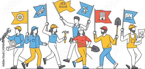 A united group of diverse workers from various industries marches forward, proudly displaying their tools and symbolic flags representing their professions.