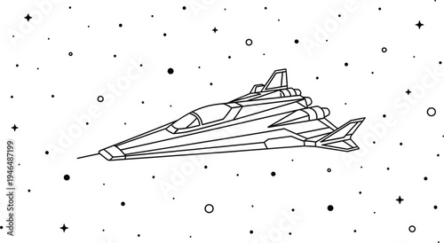 Line art illustration of a sleek, futuristic spaceship soaring through a starry cosmic background, perfect for sci-fi adventures and space exploration themes.