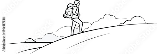 Minimalist line art illustration depicts a lone hiker with a backpack ascending a gentle upward slope toward clouds