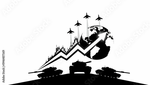 Global conflict and economic recession illustration with tanks, jets, globe and financial chart