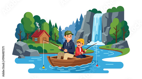 Father and son enjoying a peaceful fishing trip on a serene river surrounded by nature's beauty