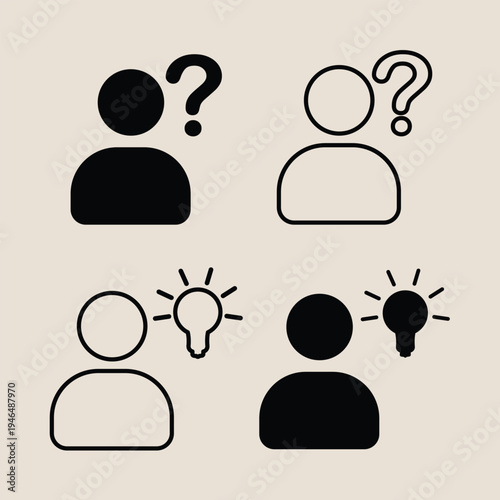 People icons with question mark and light bulb showing ideas and curiosity symbolizing problem solving and brainstorming concepts and innovative thinking solutions.