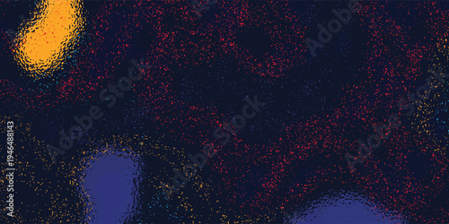 Vibrant abstract background with dark blue base, speckled red and yellow dots, and large blurred orange and blue color splotches.