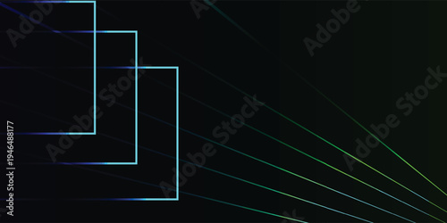 Futuristic digital background featuring glowing blue-green rectangular frames and dynamic light rays.