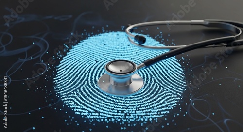 A Stethoscope on glowing fingerprint representing digital health and identity internet safety, stethoscope chest piece resting on a glowing digital fingerprint made of blue light particles on a dark b