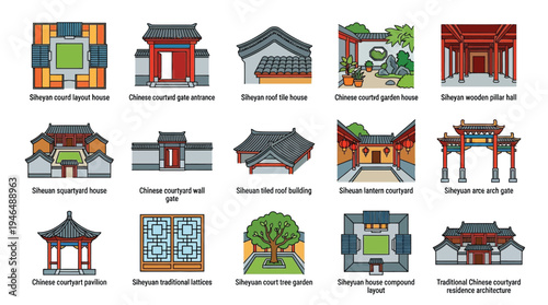 Collection of Traditional Chinese Architectural Elements and Building Designs, Showcasing Courtyards, Gates, Houses, and Gardens.