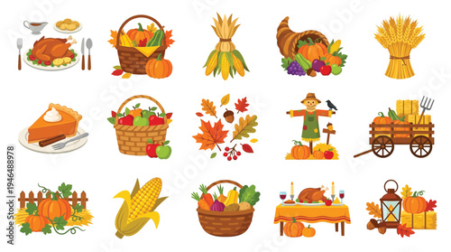 A vibrant collection of Thanksgiving and autumn harvest illustrations, featuring turkeys, pies, pumpkins, cornucopias, and festive decorations.