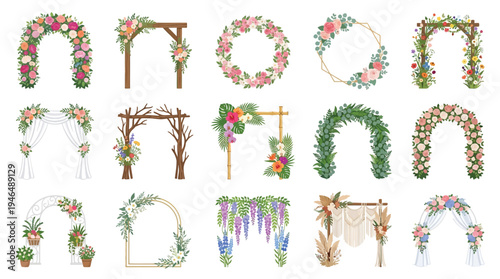 Collection of various decorative wedding arches adorned with flowers, greenery, and rustic elements for ceremonies.