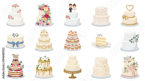 A collection of beautifully decorated wedding cakes in various styles and sizes, showcasing intricate designs and floral arrangements.