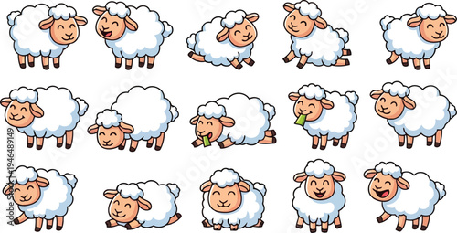 Cute cartoon sheep character poses vector illustration