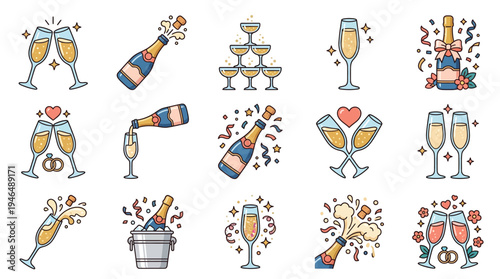 Collection of celebratory champagne icons, including toasts, pouring, and popping bottles, with confetti and wedding rings.