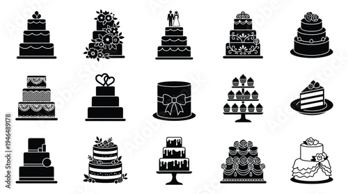 Collection of black and white silhouette icons representing various types of cakes, including wedding cakes, tiered cakes, and cake slices.