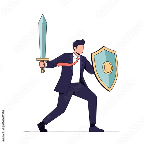 Businessman holding sword and shield, ready for battle, business strategy concept
