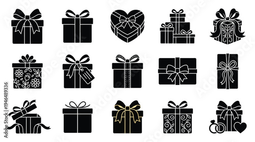 A collection of black and white silhouette icons representing various gift boxes with ribbons and bows, suitable for design elements.