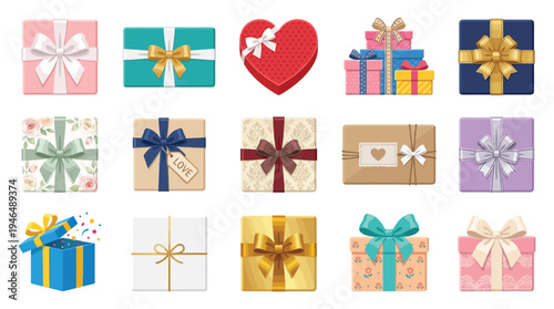 A vibrant collection of beautifully wrapped gift boxes and presents, showcasing a variety of colors, patterns, and ribbon designs, perfect for any celebration.