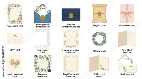 A collection of various invitation cards, envelopes, and stationery items, showcasing elegant designs for events and correspondence.