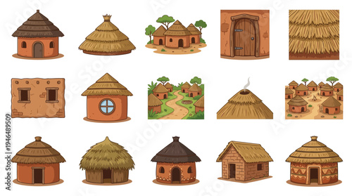 Collection of African village houses and architectural elements, showcasing traditional thatched roofs and mud-brick construction.