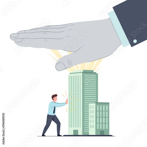Businessman protecting skyscraper under giant hand, concept of business protection and support.