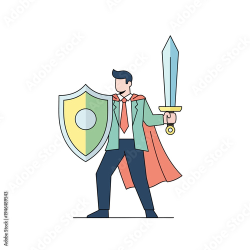 Businessman superhero with sword and shield, ready for battle, concept of success