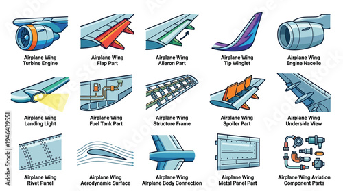 A comprehensive visual guide illustrating various components and parts of an airplane wing and its associated systems.