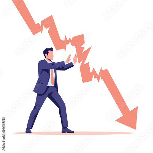 Businessman trying to stop a falling graph line