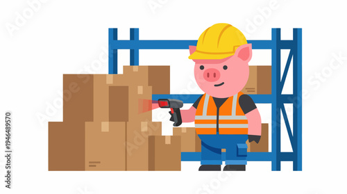 Warehouse worker pig with barcode scanner and boxes on shelves