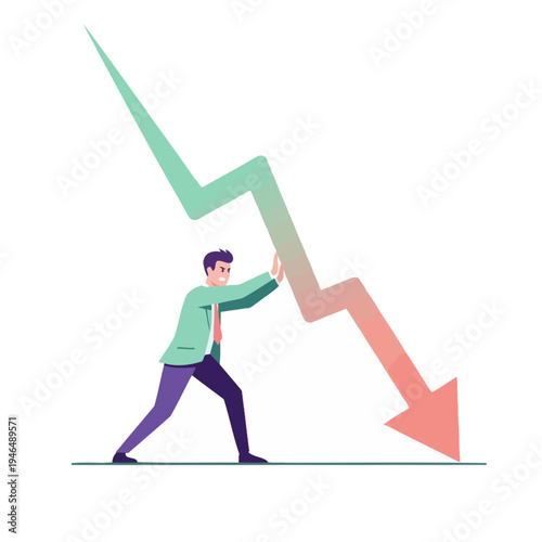 Businessman trying to stop a falling stock market graph arrow
