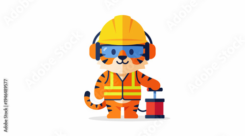 Cartoon Tiger Wearing Hard Hat, Safety Goggles, and Vest, Holding a Dynamite Stick with Fuse