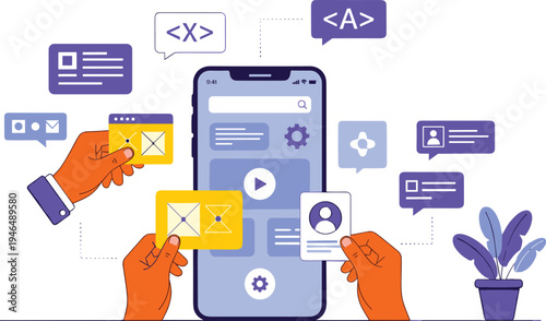 Mobile app interface design and user experience development flat vector illustration.