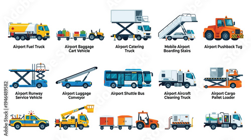 Collection of various airport service vehicles and equipment used for aircraft and passenger operations.