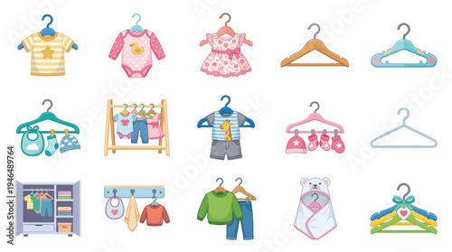 A collection of cute baby clothes and accessories displayed on hangers, racks, and in a wardrobe, featuring outfits, onesies, dresses, bibs, hats, and a baby blanket.