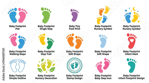 Collection of colorful baby footprint icons and symbols representing various stages and styles of infant steps and nursery themes.