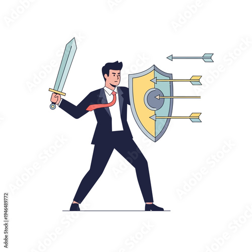 Businessman with sword and shield defends against arrows, business protection concept