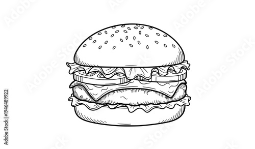 Hand drawn burger outline doodle fast food hamburger menu vector illustration