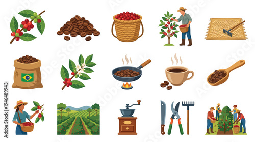 Collection of illustrations depicting the entire coffee production process, from cultivation and harvesting to roasting and brewing.