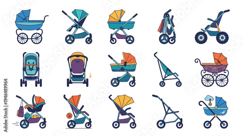 A diverse collection of baby strollers and prams, showcasing various designs and functionalities for infant transportation.