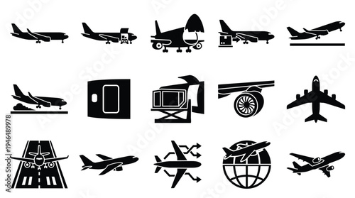 Collection of various airplane and aviation-related icons, including different aircraft types, airport equipment, and flight symbols.