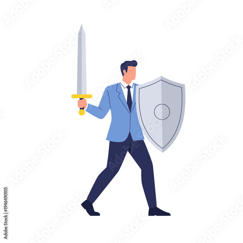 Businessman with Sword and Shield, Security and Protection Concept